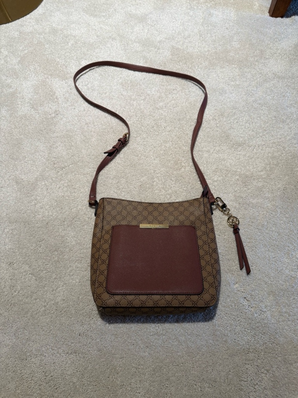 Nine West Brown Logo Crossbody with Maroon Front Pocket
